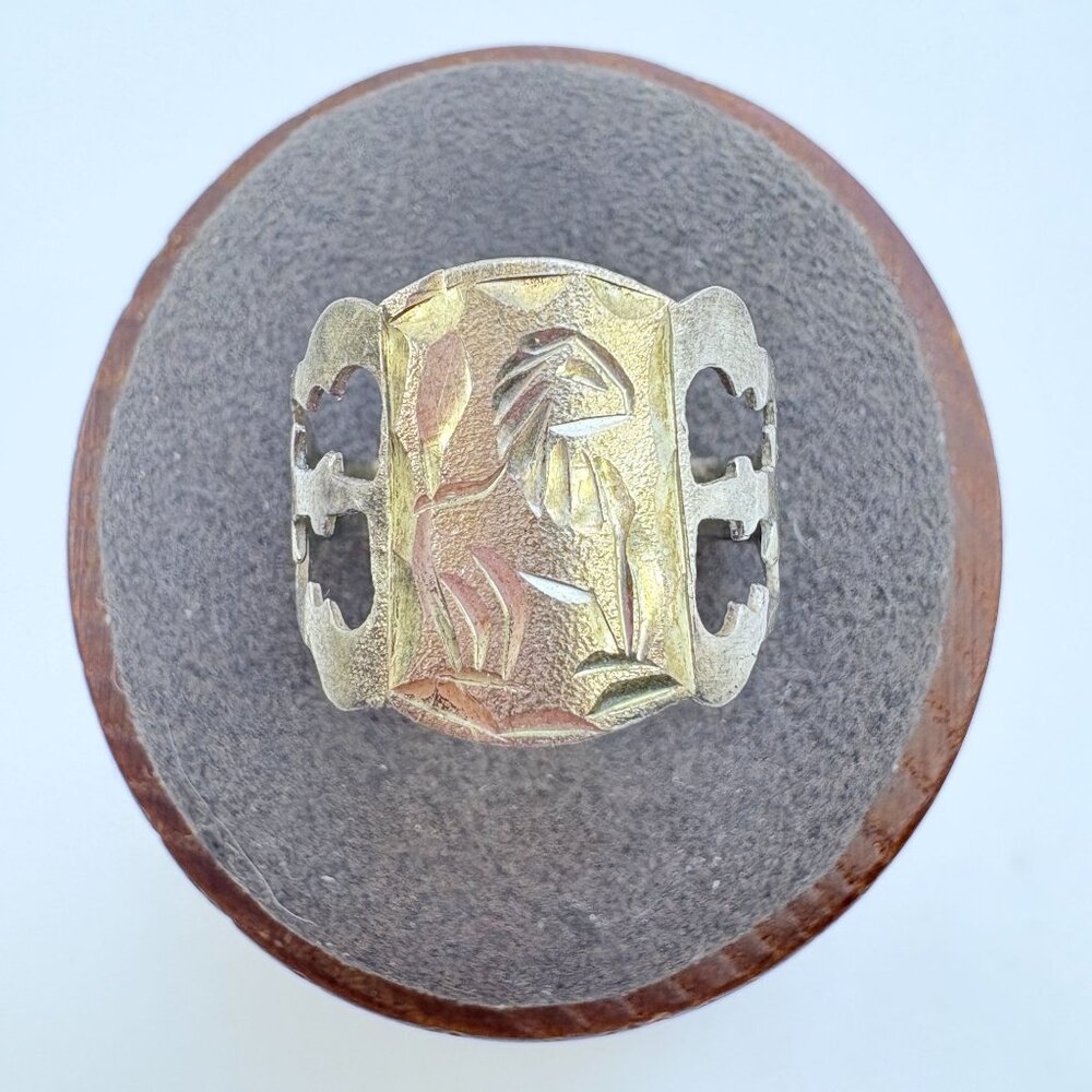 Etched Eagle Split Shoulders Ring VTG Gold Tone Sterling Silver 925 Size 6.75